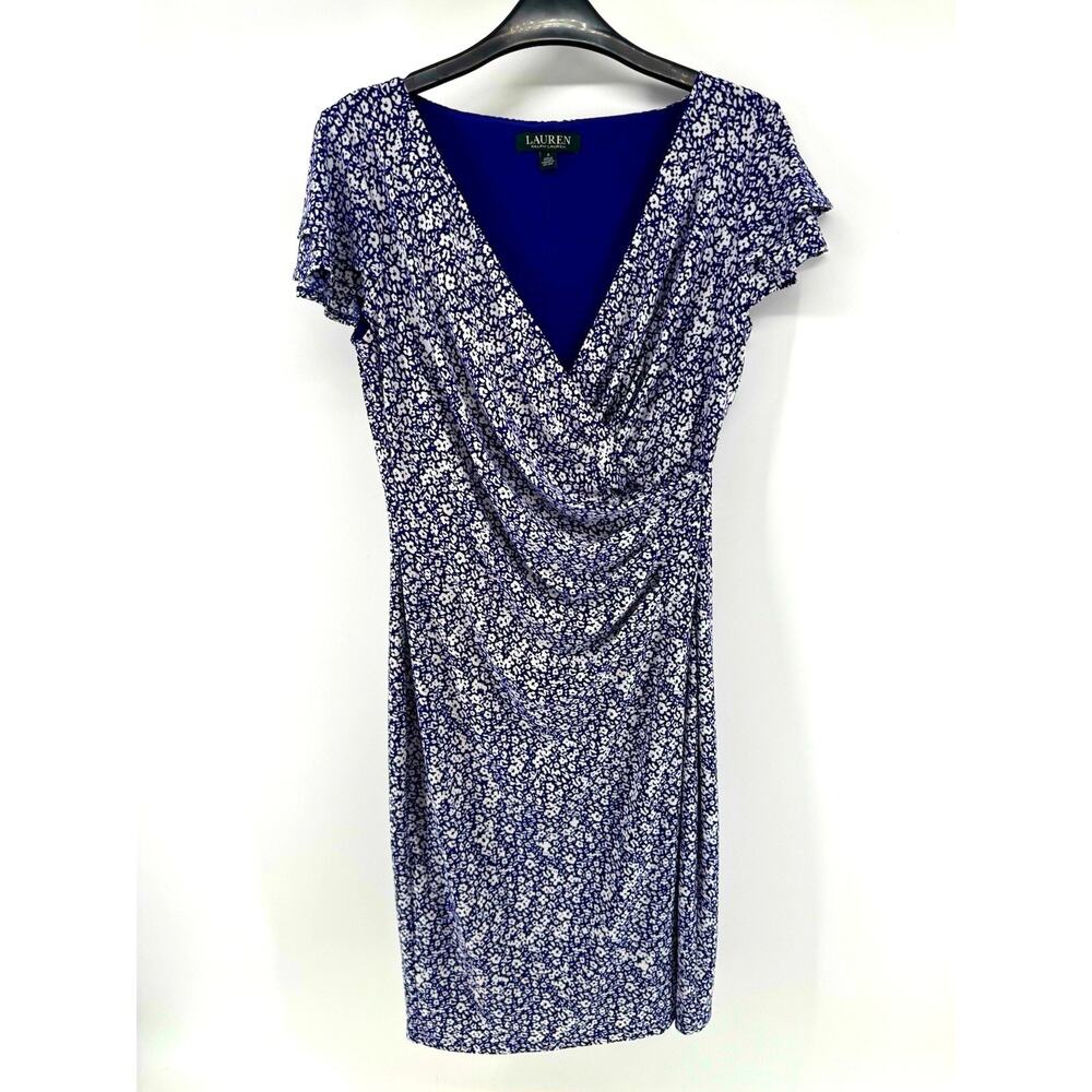 Lauren Ralph Lauren Size 4 Blue White Floral Short Sleeve Faux Wrap Dress